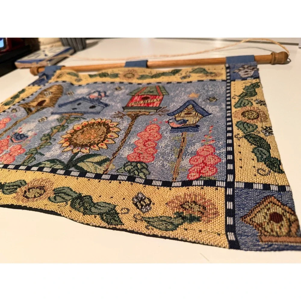 Vintage Style Woven Tapestry Wall Hanging Birdhouse Sunflower Garden Decor 18x13